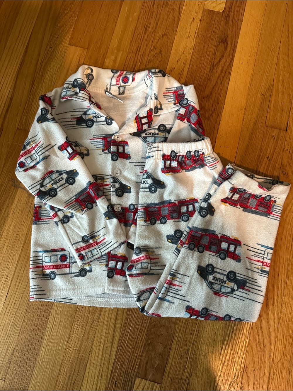 Kids White Pajama Set with Red Emergency Vehicle Print